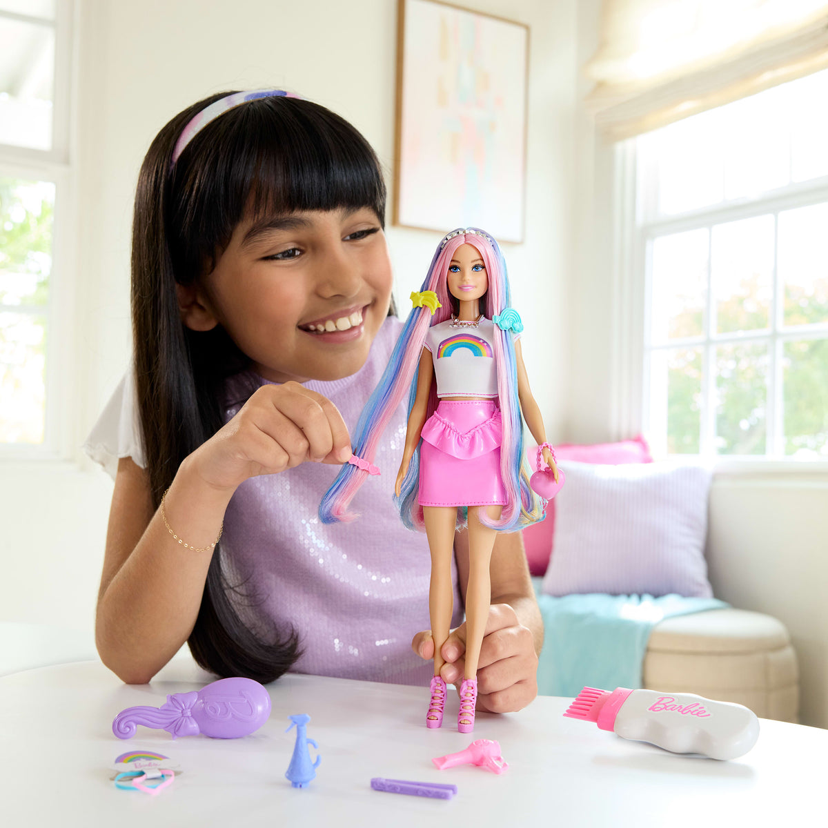 Ekstra uzun saçlı Barbie Gökkuşağı Saçlar bebekleri, 12 saç şekillendirme aksesuarı