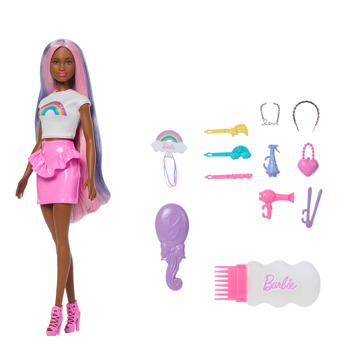 Ekstra uzun saçlı Barbie Gökkuşağı Saçlar bebekleri, 12 saç şekillendirme aksesuarı