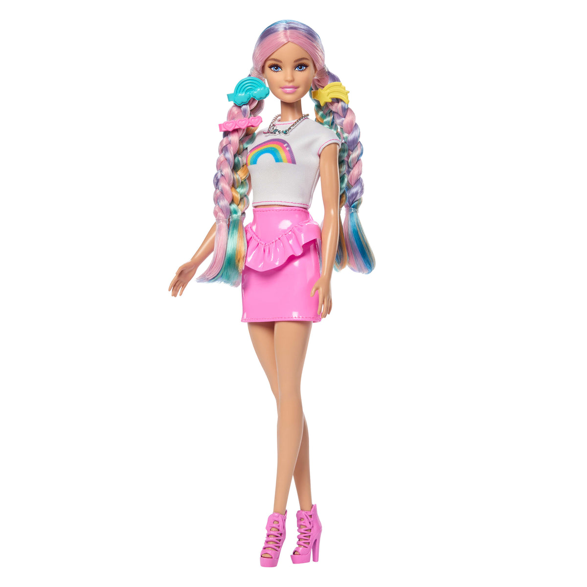 Ekstra uzun saçlı Barbie Gökkuşağı Saçlar bebeği, 12 saç şekillendirme aksesuarı
