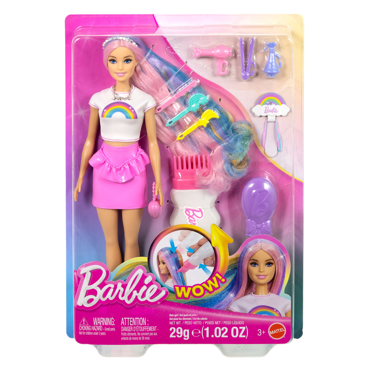 Ekstra uzun saçlı Barbie Gökkuşağı Saçlar bebeği, 12 saç şekillendirme aksesuarı