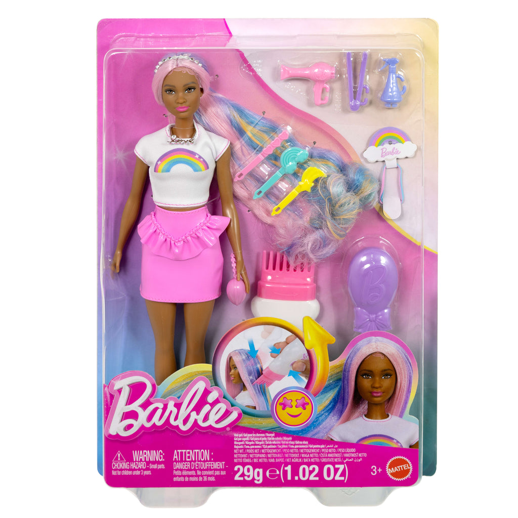 Ekstra uzun saçlı Barbie Gökkuşağı Saçlar bebeği, 12 saç şekillendirme aksesuarı