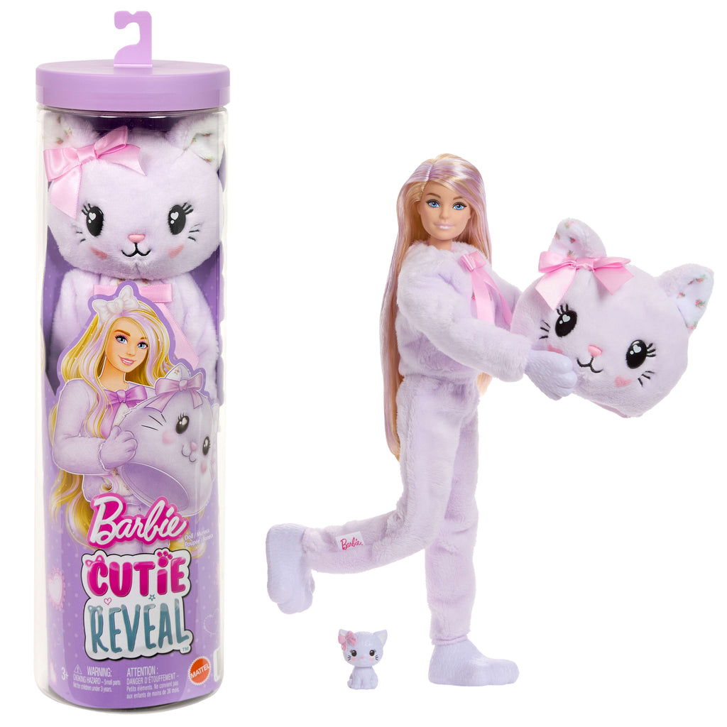 Barbie Cutie Reveal bebek ve aksesuarları, Yumuşak Dostlar Serisi kedicik, 10 sürpriz