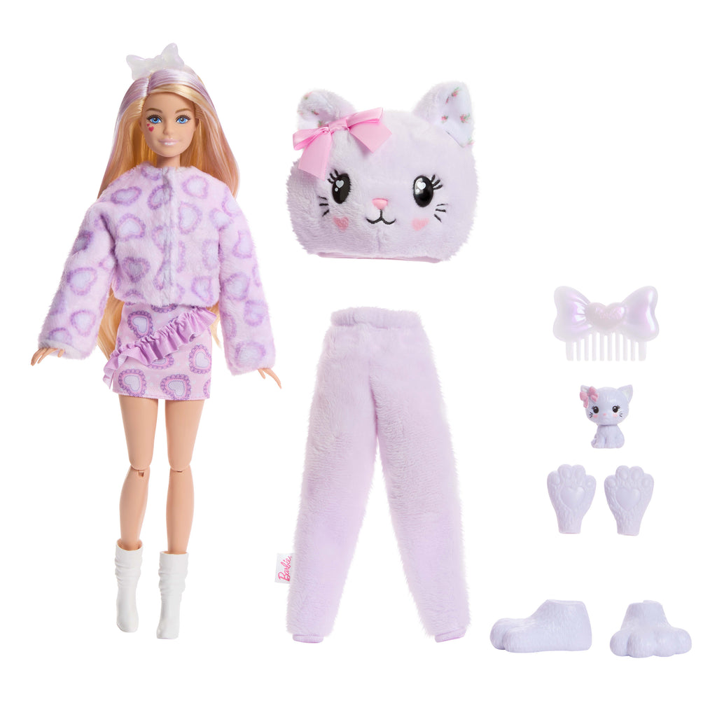 Barbie Cutie Reveal bebek ve aksesuarları, Yumuşak Dostlar Serisi kedicik, 10 sürpriz