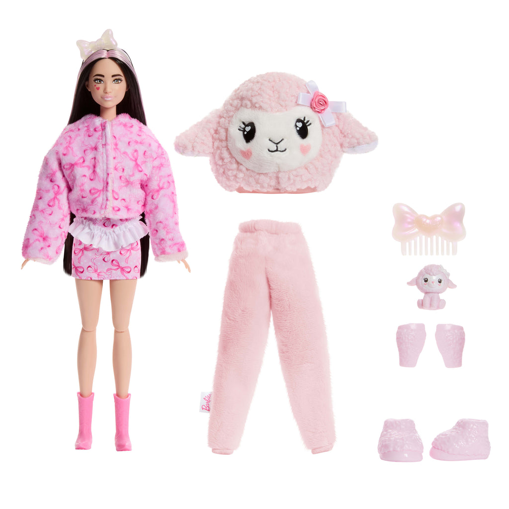Barbie Cutie Reveal bebek ve aksesuarları, Yumuşak Dostlar Serisi kuzucuk, 10 sürpriz