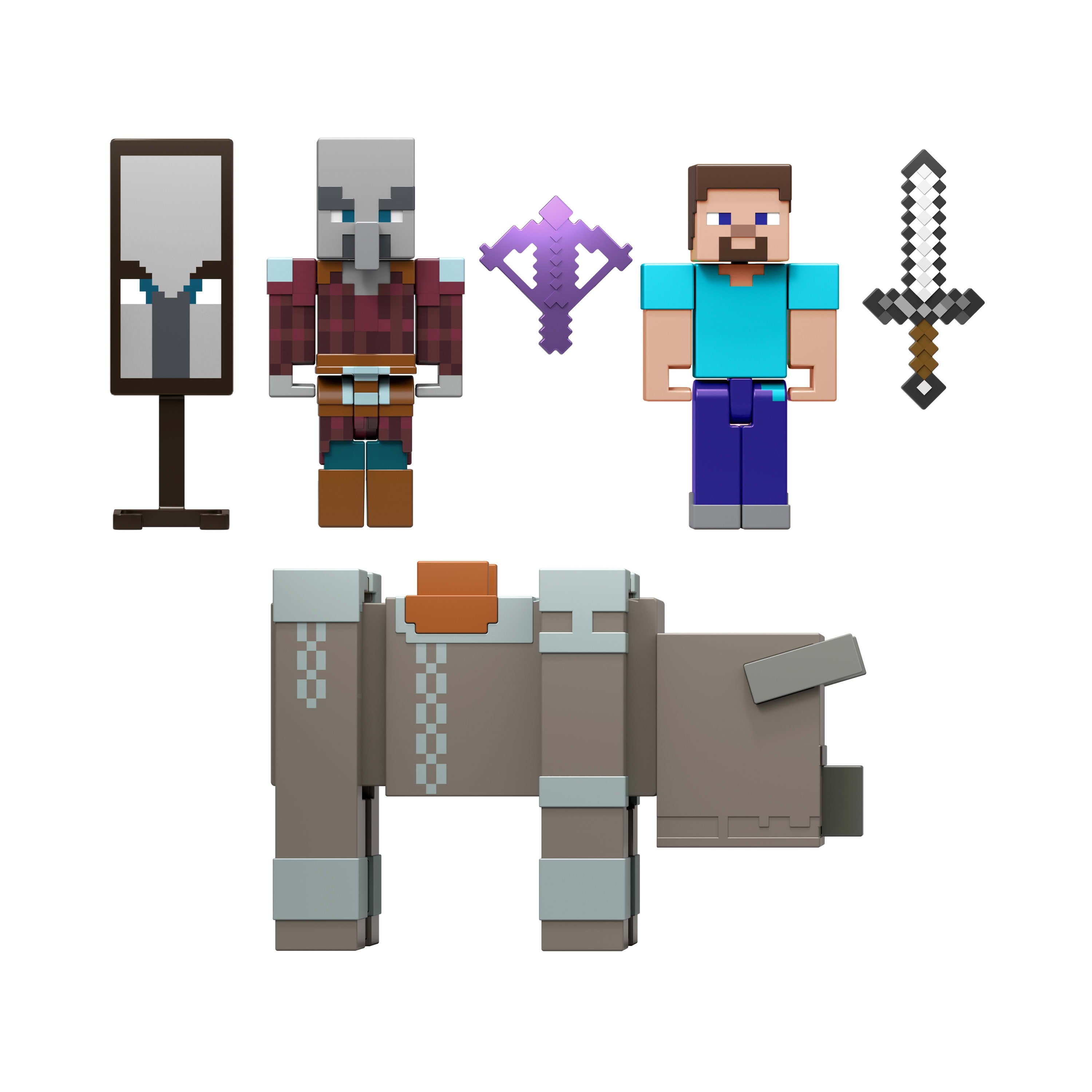 8 cm'lik koleksiyona uygun Minecraft Köy Baskını Paketi, 3 aksiyon figürü ve 3 aksesuar