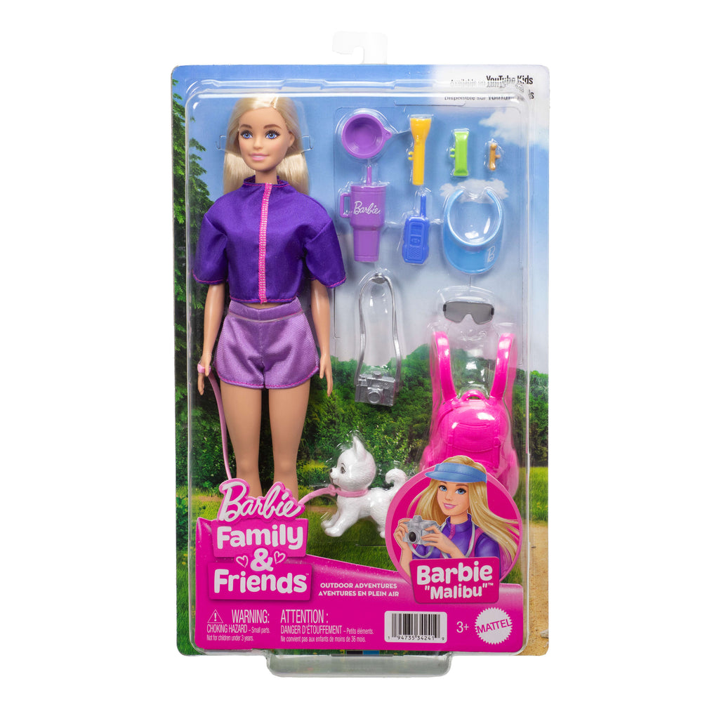 Barbie "Malibu" doğa maceraları bebeği, 10'dan fazla kamp aksesuarı ve evcil hayvan