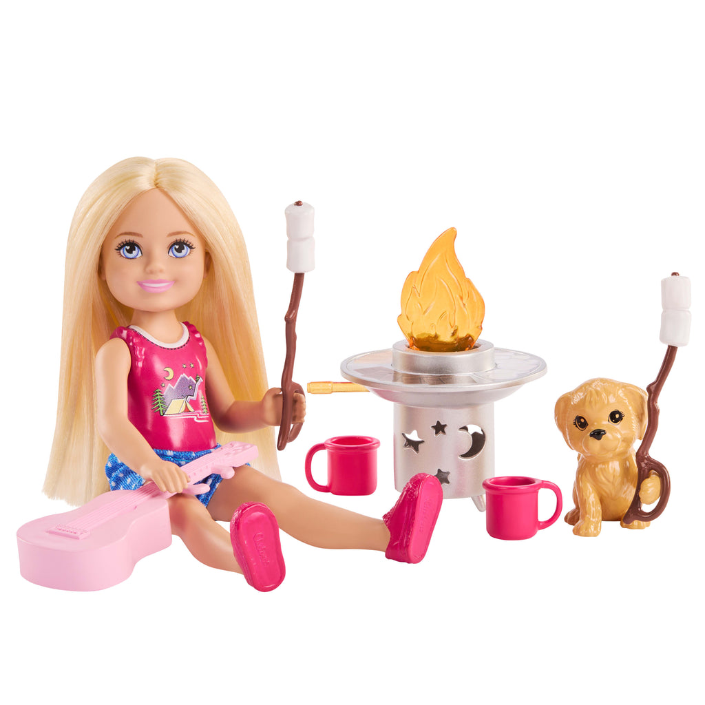 Barbie Aile ve Dostlar Doğa Maceraları oyun seti, Chelsea bebek, köpekçik ve kamp aksesuarları