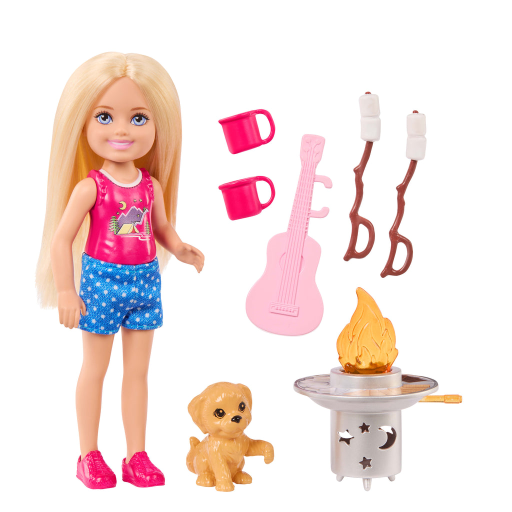 Barbie Aile ve Dostlar Doğa Maceraları oyun seti, Chelsea bebek, köpekçik ve kamp aksesuarları