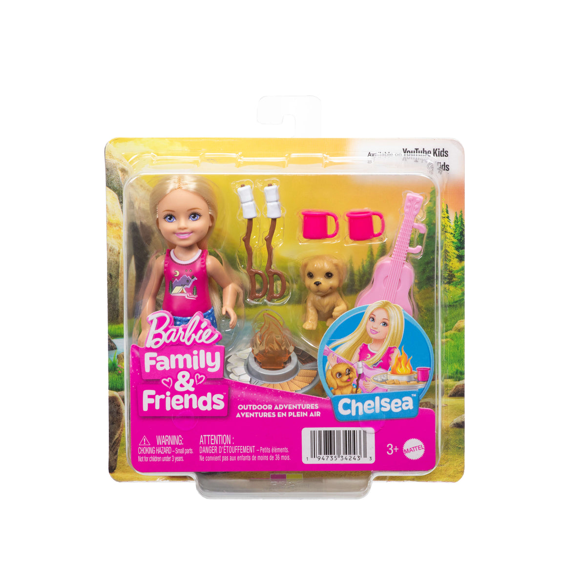 Barbie Aile ve Dostlar Doğa Maceraları oyun seti, Chelsea bebek, köpekçik ve kamp aksesuarları