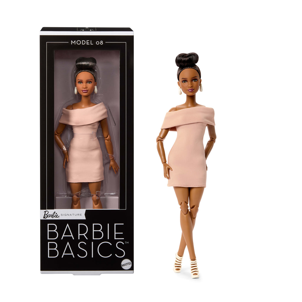 Barbie Basics Siyah Saçlı Sergilik Bebek, Taba Elbise ve Bantlı Topuklu Ayakkabı, Model 08