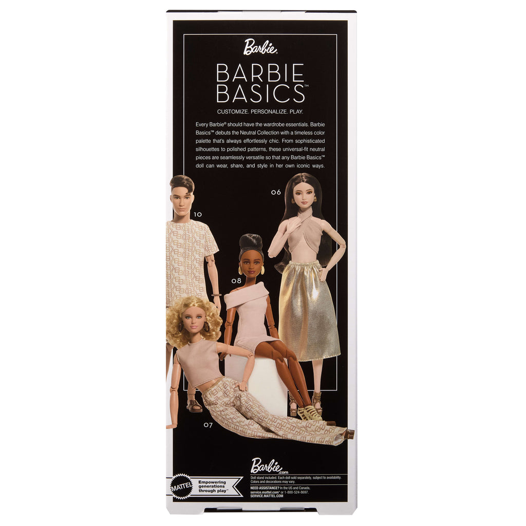 Barbie Basics Siyah Saçlı Sergilik Bebek, Taba Elbise ve Bantlı Topuklu Ayakkabı, Model 08