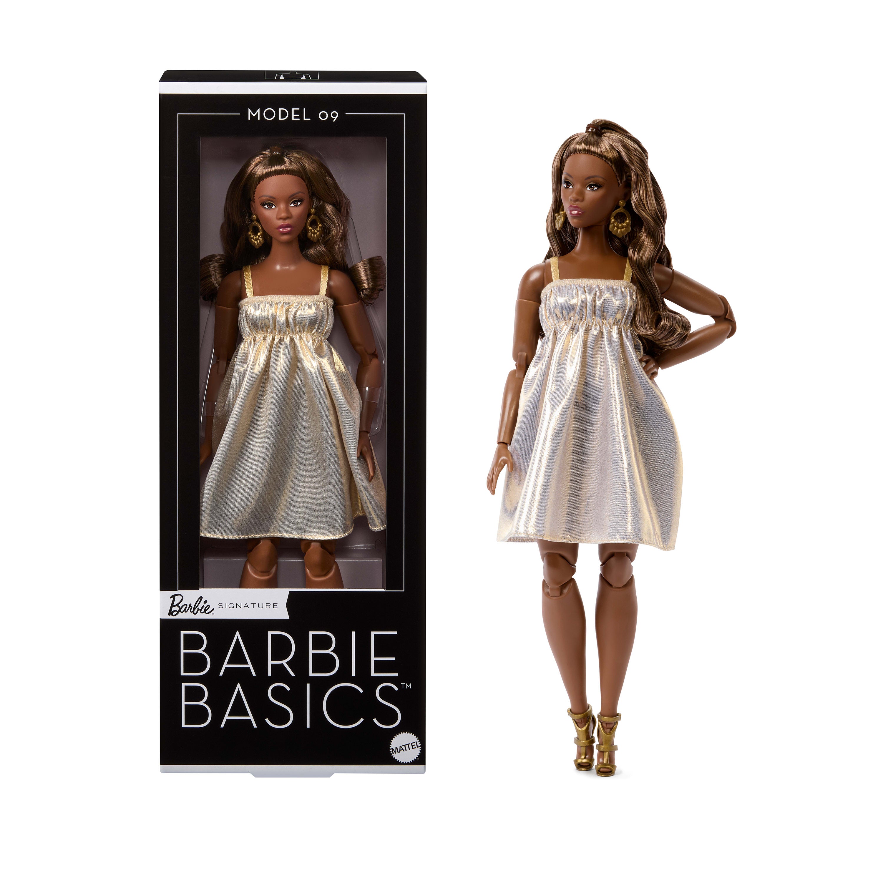 Barbie Basics Model 09 Moda Bebeği - Altın Elbiseli, Esmer Saçlı | JJX28
