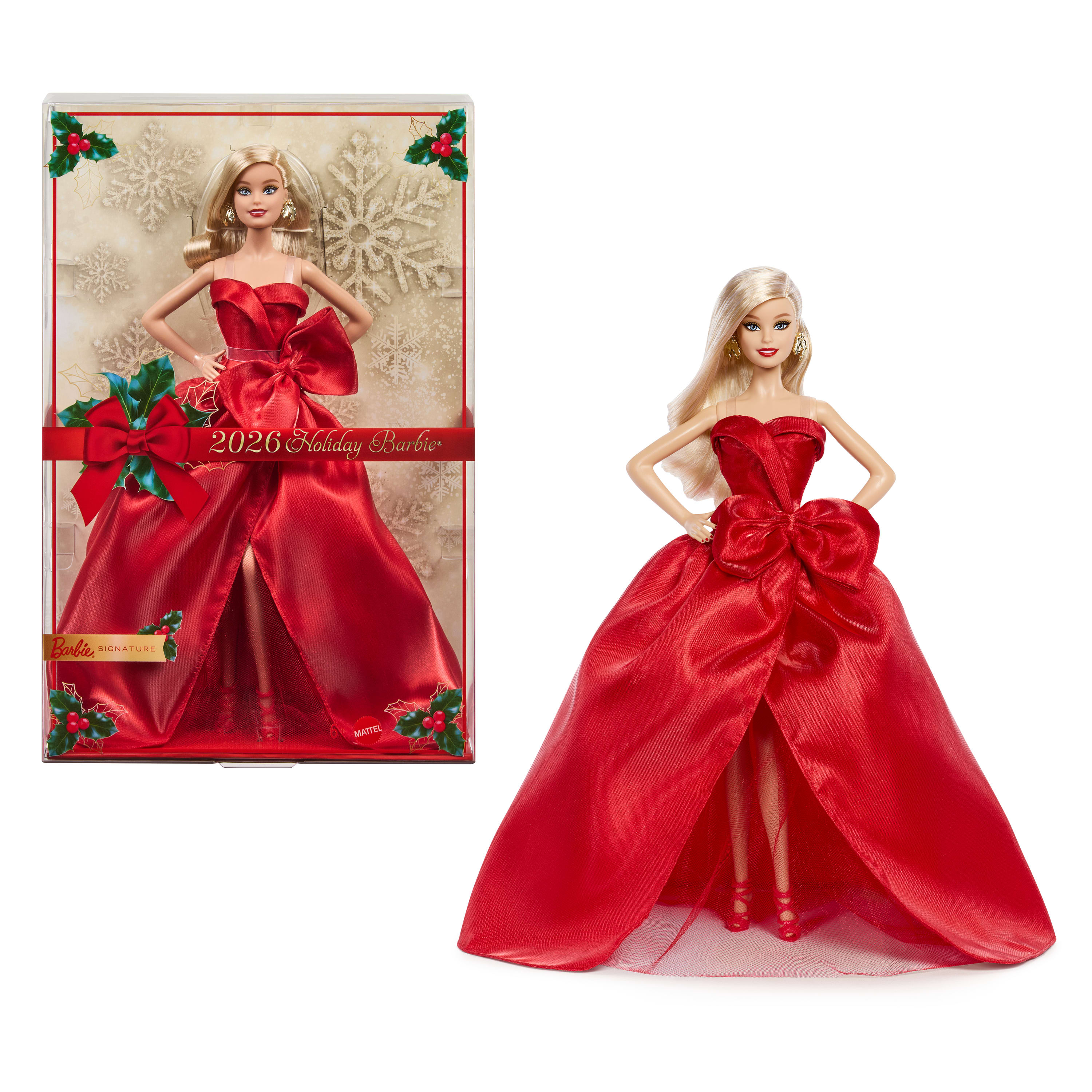 Barbie Signature 2026 Mutlu Yıllar Barbie bebeği, sezona özel koleksiyon ürünü, fiyonk detaylı kırmızı elbise giyen sarı saçlı bebek