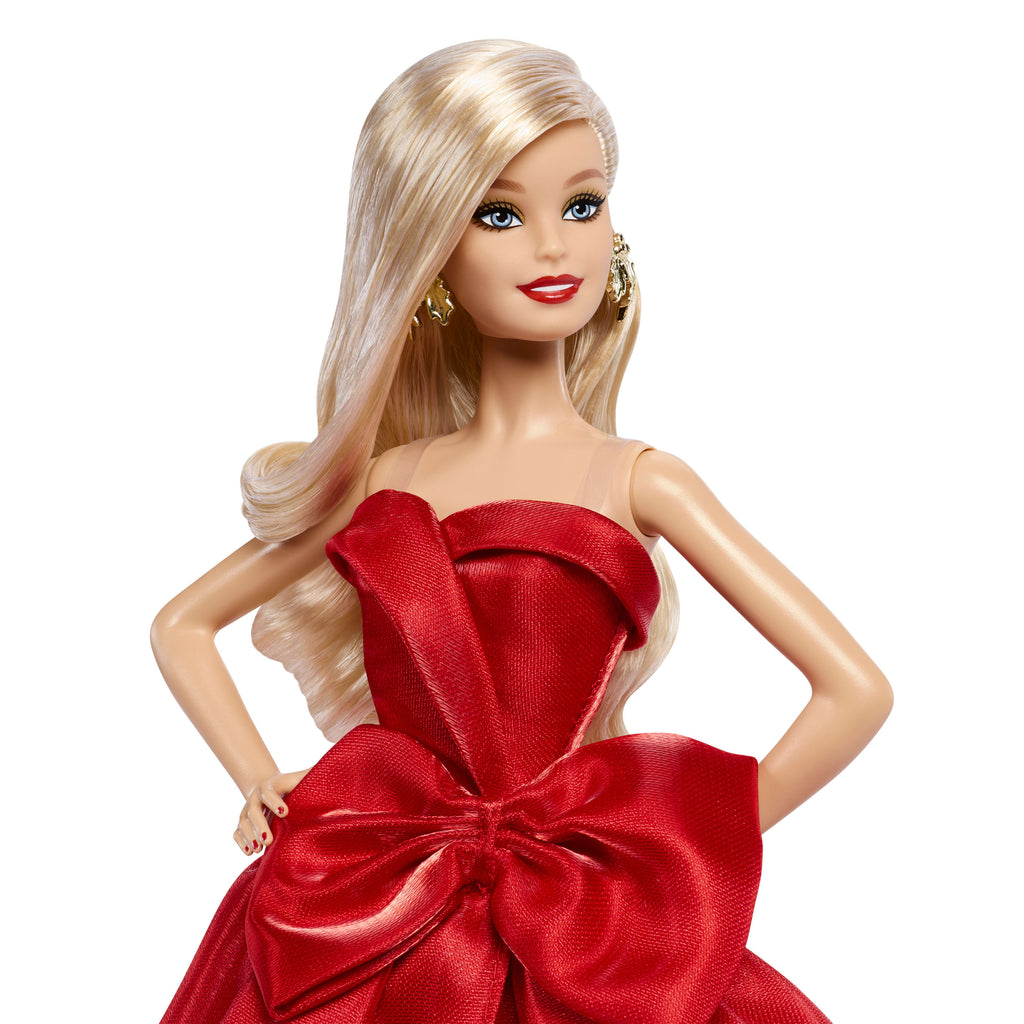Barbie Signature 2026 Mutlu Yıllar Barbie bebeği, sezona özel koleksiyon ürünü, fiyonk detaylı kırmızı elbise giyen sarı saçlı bebek