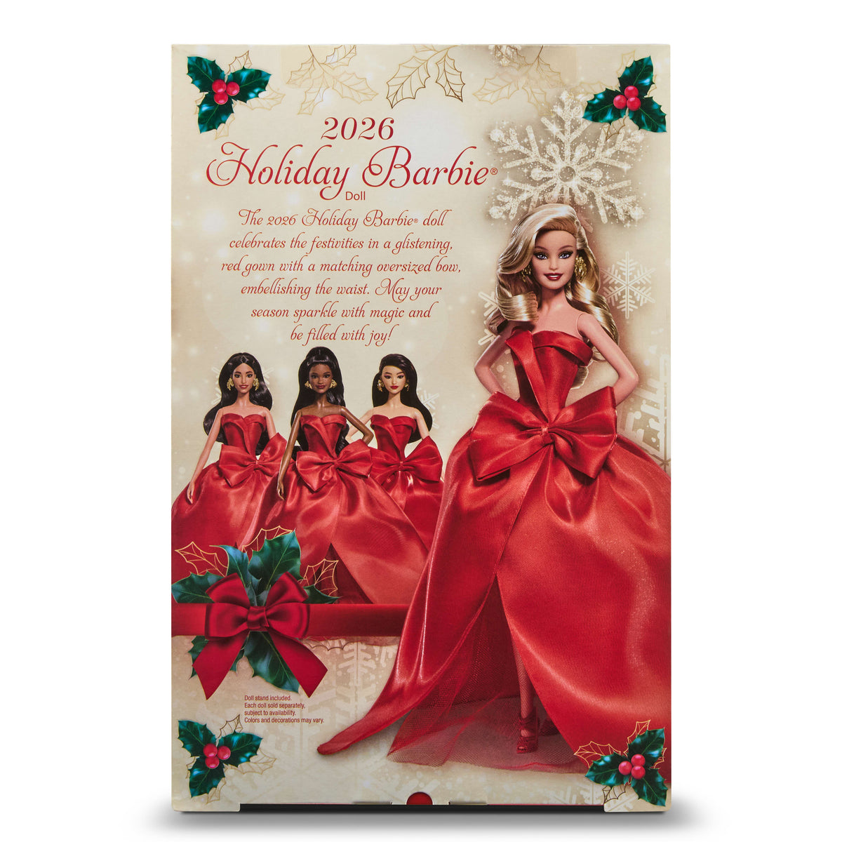 Barbie Signature 2026 Mutlu Yıllar Barbie bebeği, sezona özel koleksiyon ürünü, fiyonk detaylı kırmızı elbise giyen sarı saçlı bebek