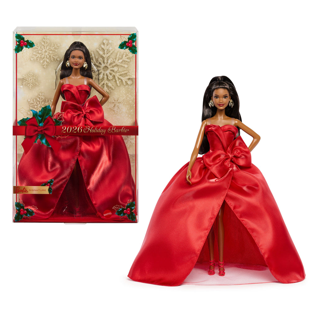Barbie Signature 2026 Mutlu Yıllar Barbie bebeği, sezona özel koleksiyon ürünü, fiyonk detaylı kırmızı elbise giyen siyah saçlı bebek