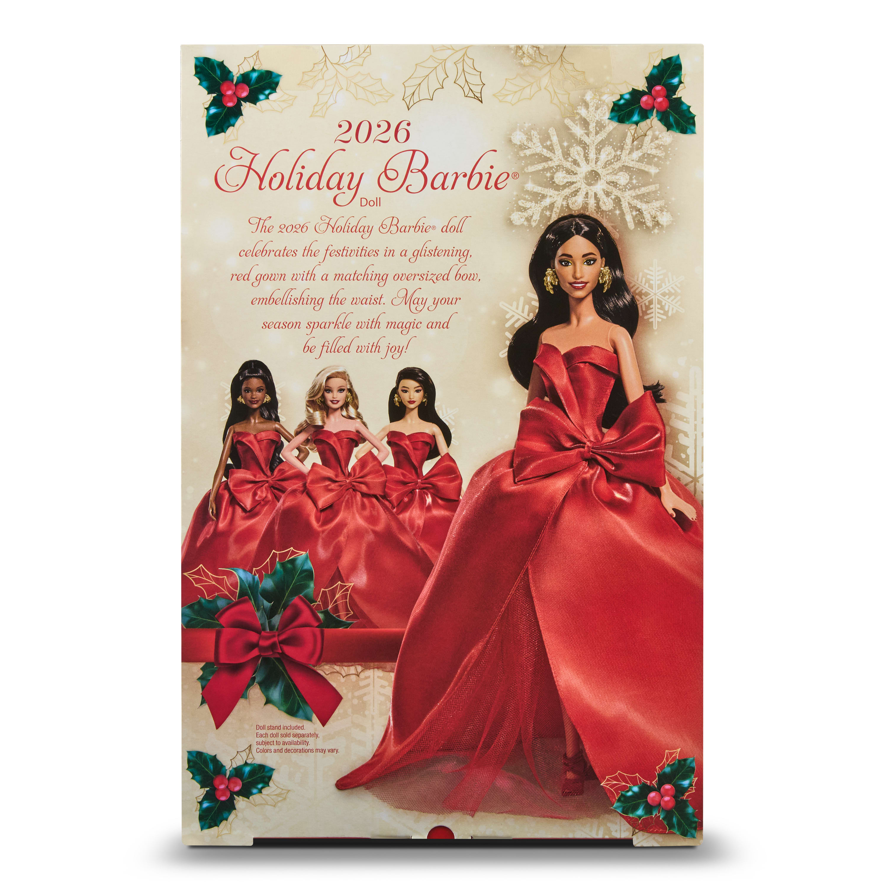 Barbie Signature 2026 Mutlu Yıllar Barbie bebeği, sezona özel koleksiyon ürünü, fiyonk detaylı kırmızı elbise giyen kahverengi saçlı bebek