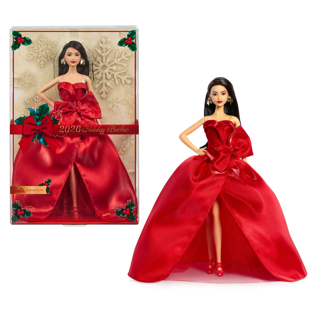 Barbie Signature 2026 Mutlu Yıllar Barbie bebeği, sezona özel koleksiyon ürünü, fiyonk detaylı kırmızı elbise giyen koyu kahverengi saçlı bebek