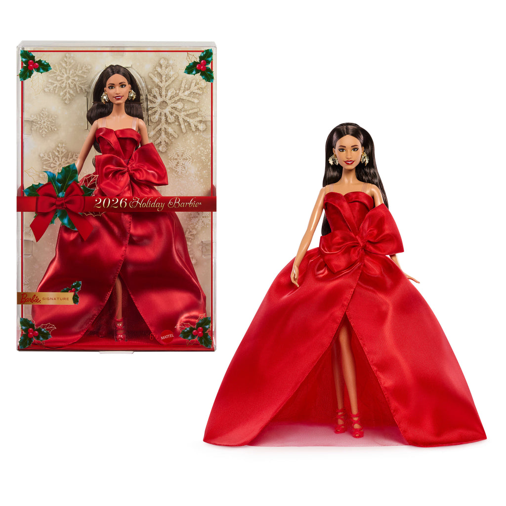 Barbie Signature 2026 Mutlu Yıllar Barbie bebeği, sezona özel koleksiyon ürünü, fiyonk detaylı kırmızı elbise giyen kahverengi saçlı bebek