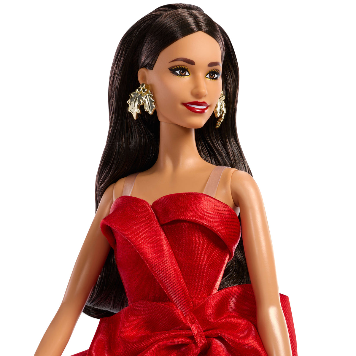 Barbie Signature 2026 Mutlu Yıllar Barbie bebeği, sezona özel koleksiyon ürünü, fiyonk detaylı kırmızı elbise giyen kahverengi saçlı bebek
