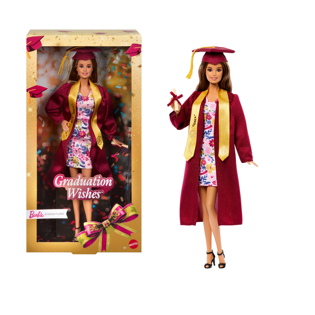 Bordo cübbesi ve püsküllü kepiyle koleksiyona uygun Barbie Signature Mezuniyet Dilekleri bebek hediyesi