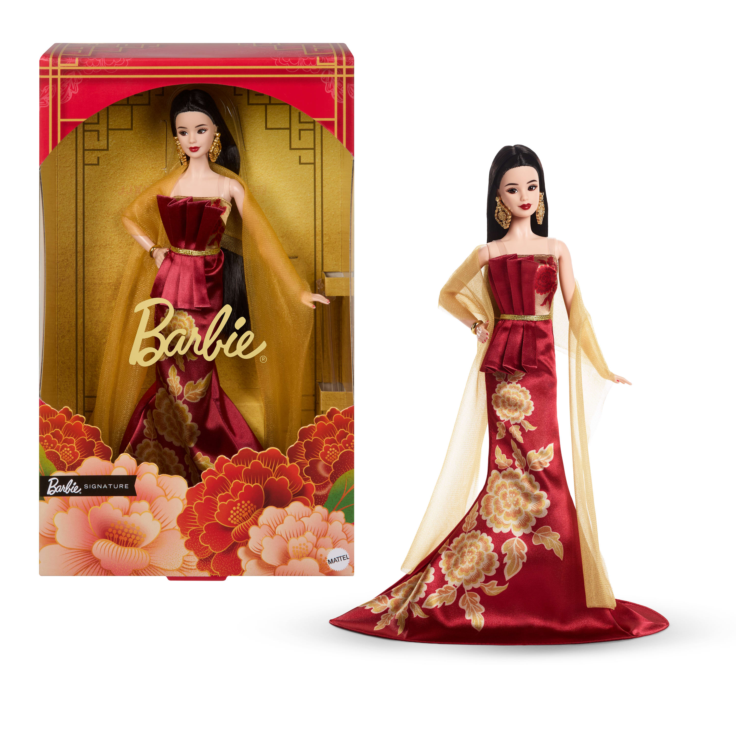 Altın rengi şakayık desenli kırmızı elbise giyen Barbie Signature Çin Yeni Yılı bebeği, koleksiyona uygun tatil hediyesi