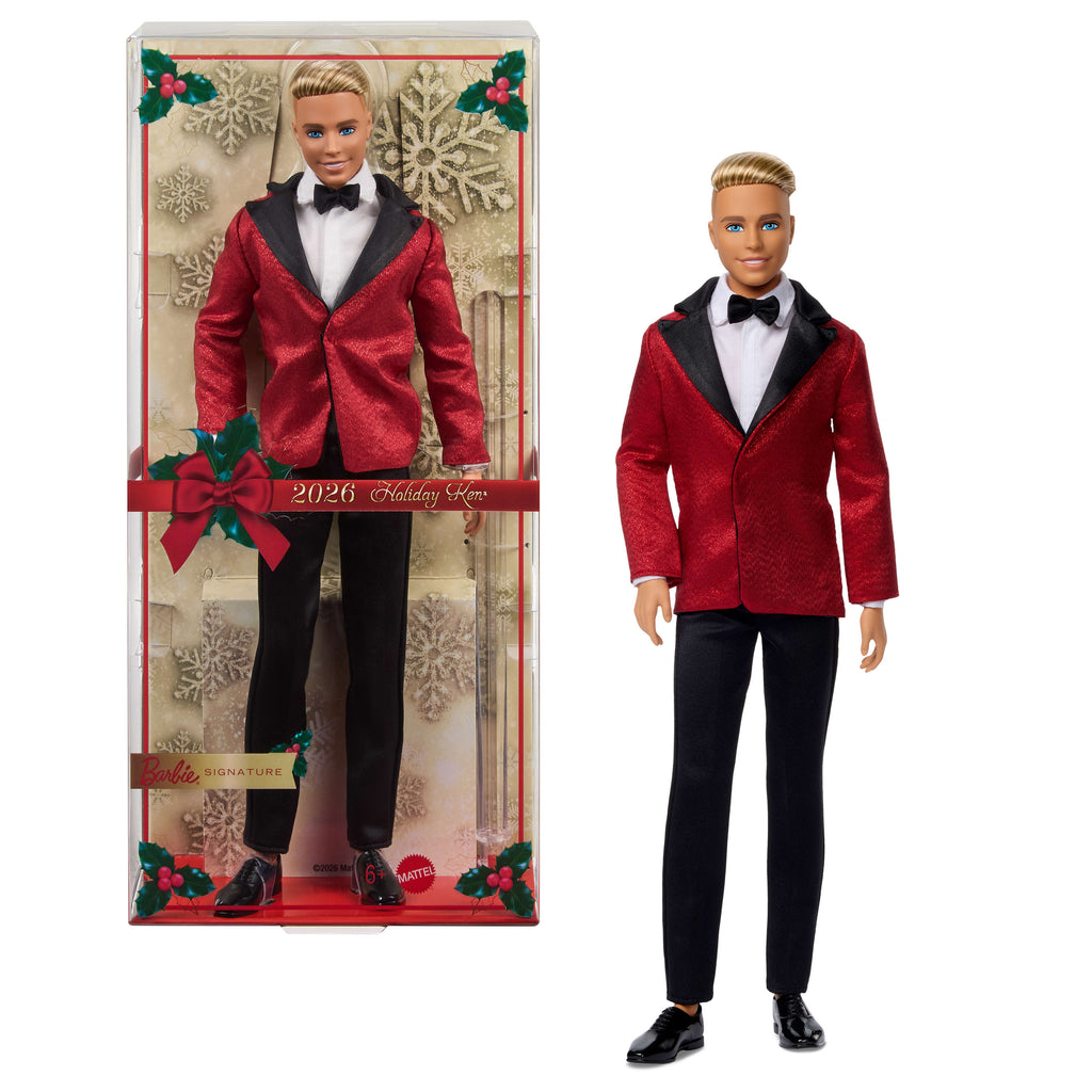 Kırmızı ceketli takım elbise giyen sarı saçlı Barbie Signature Ken 2026 Mutlu Yıllar bebeği, sezona özel koleksiyon ürünü