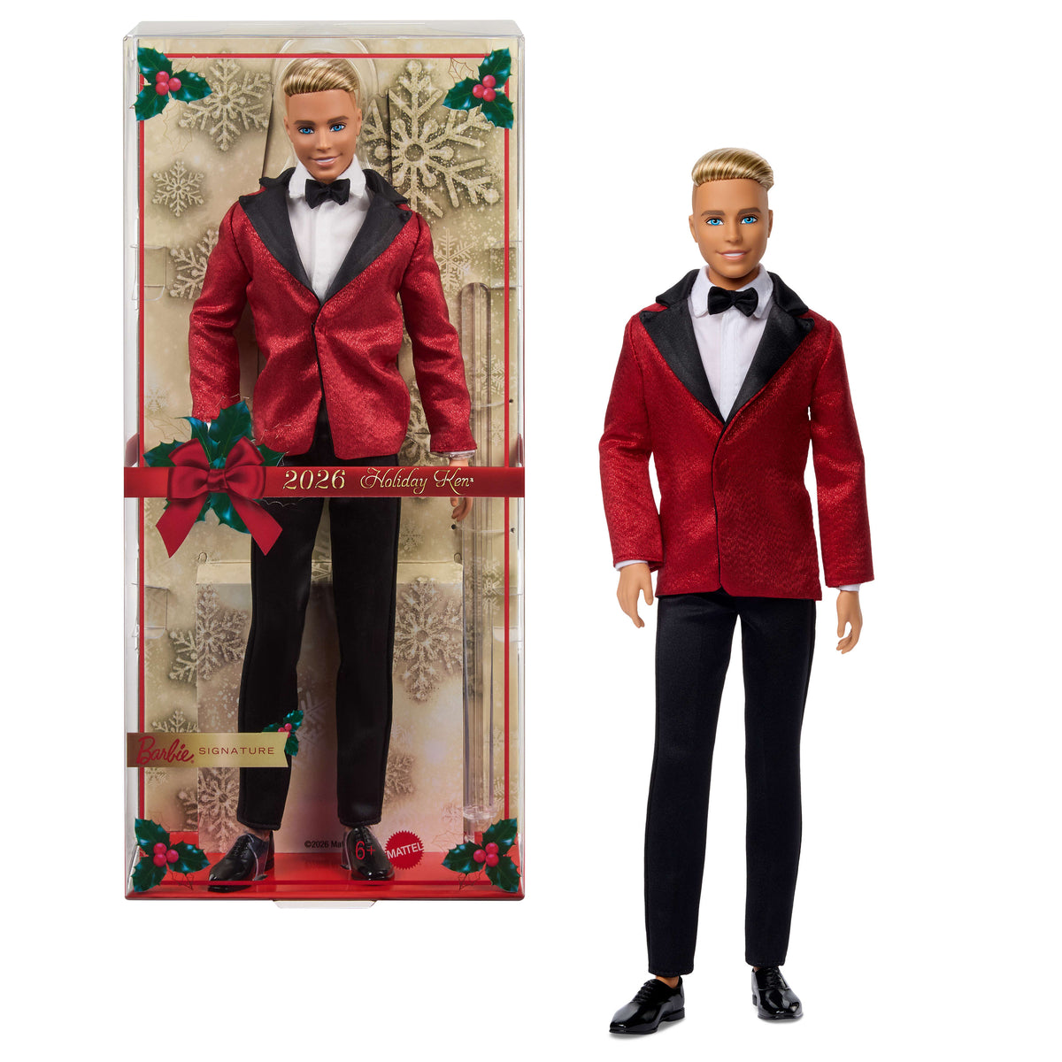 Kırmızı ceketli takım elbise giyen sarı saçlı Barbie Signature Ken 2026 Mutlu Yıllar bebeği, sezona özel koleksiyon ürünü