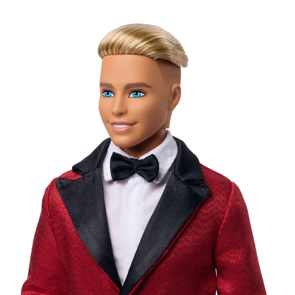 Kırmızı ceketli takım elbise giyen sarı saçlı Barbie Signature Ken 2026 Mutlu Yıllar bebeği, sezona özel koleksiyon ürünü
