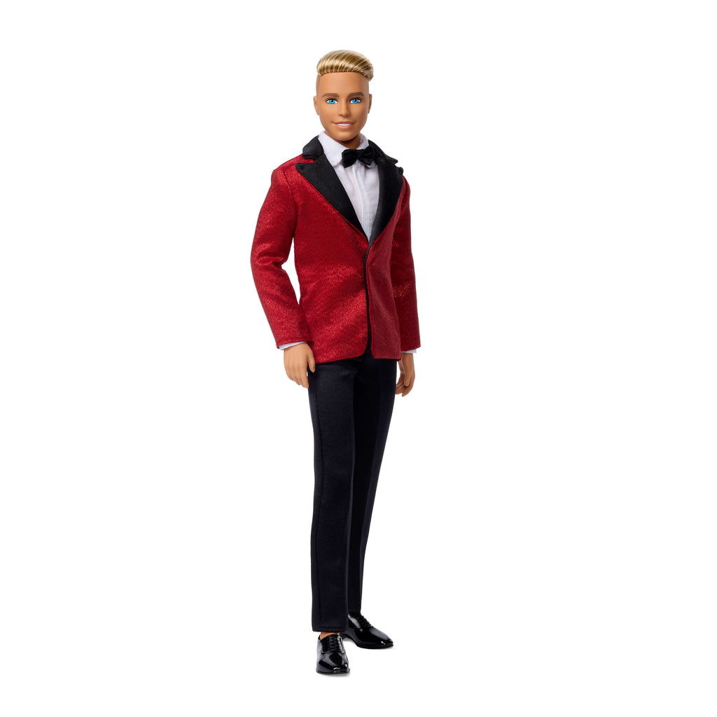 Kırmızı ceketli takım elbise giyen sarı saçlı Barbie Signature Ken 2026 Mutlu Yıllar bebeği, sezona özel koleksiyon ürünü