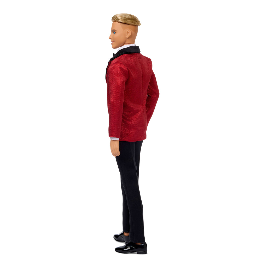 Kırmızı ceketli takım elbise giyen sarı saçlı Barbie Signature Ken 2026 Mutlu Yıllar bebeği, sezona özel koleksiyon ürünü