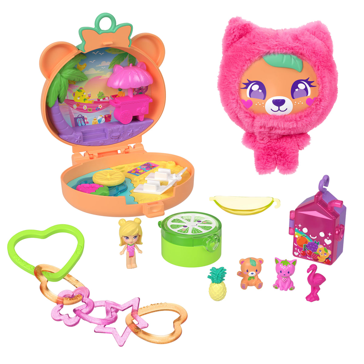 Bebek, evcil hayvanlar, anahtarlık ve meyve temalı aksesuarlar ile Polly Pocket Sevimli Ayıcık mini oyun seti