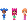 Anahtarlık, çıkartma sayfası, evcil hayvan aksesuarı ve seyahat oyuncakları ile Polly Pocket bebek ve mikro oyun seti