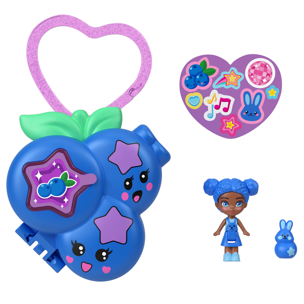 Anahtarlık, çıkartma sayfası, evcil hayvan aksesuarı ve seyahat oyuncakları ile Polly Pocket bebek ve mikro oyun seti