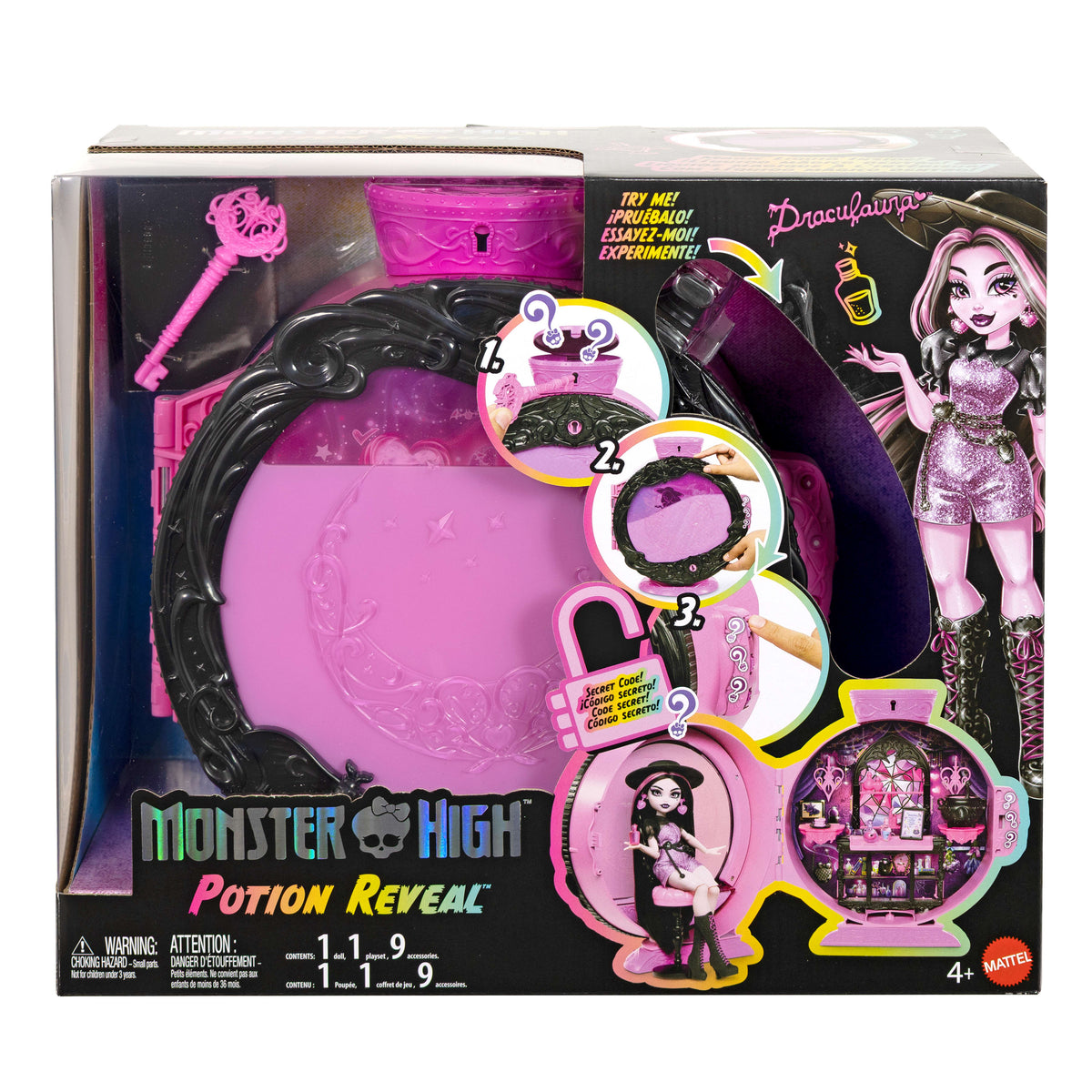 Monster High İksir Kazanı oyun seti, Draculaura bebek ve 9 aksesuar, gizli kod ile kutu açma deneyimi