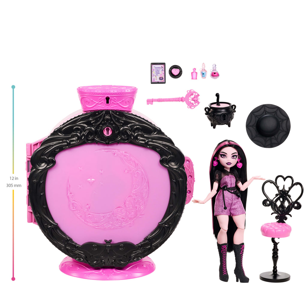 Monster High İksir Kazanı oyun seti, Draculaura bebek ve 9 aksesuar, gizli kod ile kutu açma deneyimi