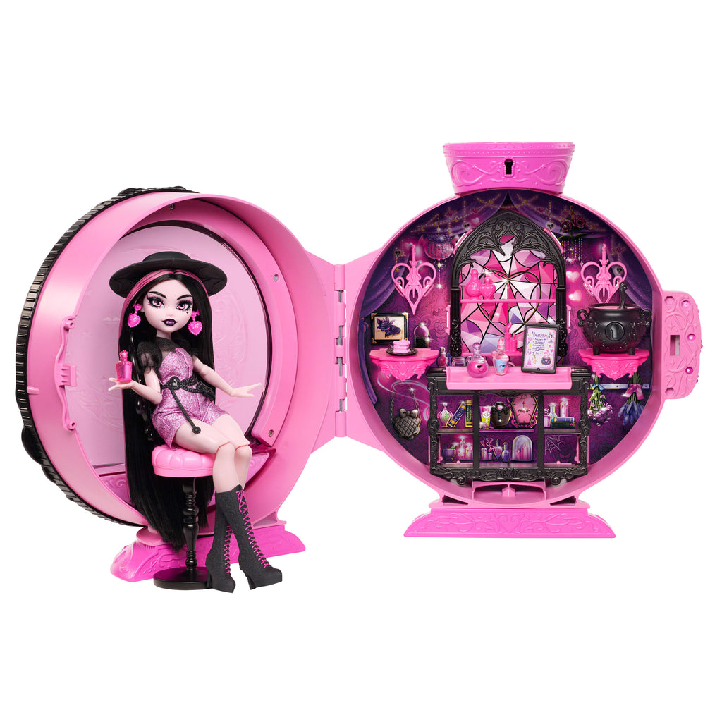 Monster High İksir Kazanı oyun seti, Draculaura bebek ve 9 aksesuar, gizli kod ile kutu açma deneyimi