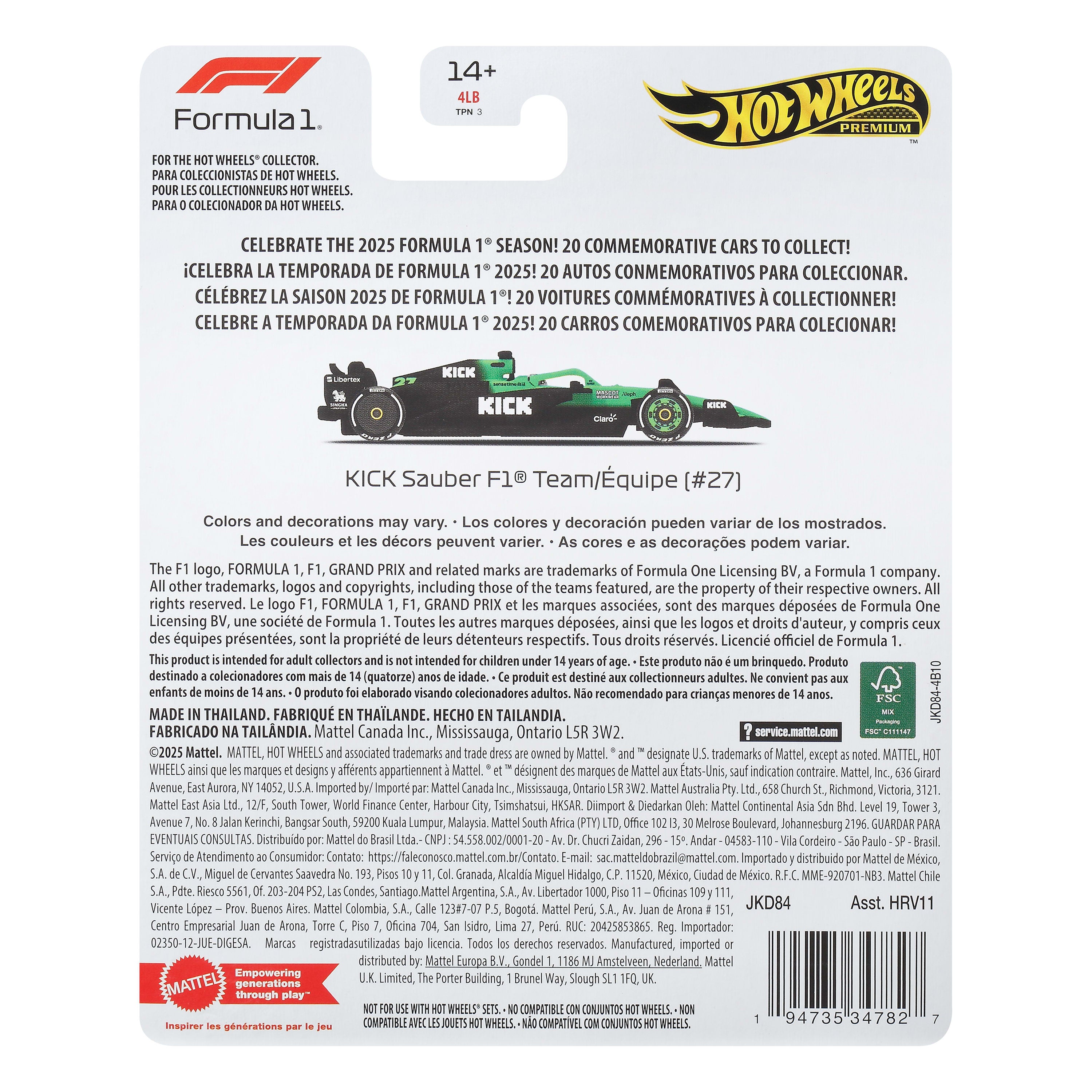 Hot Wheels Premium 2025 Formula 1 Kick Sauber Takımı #27 Nico Hülkenberg 1:64 Model Araba
