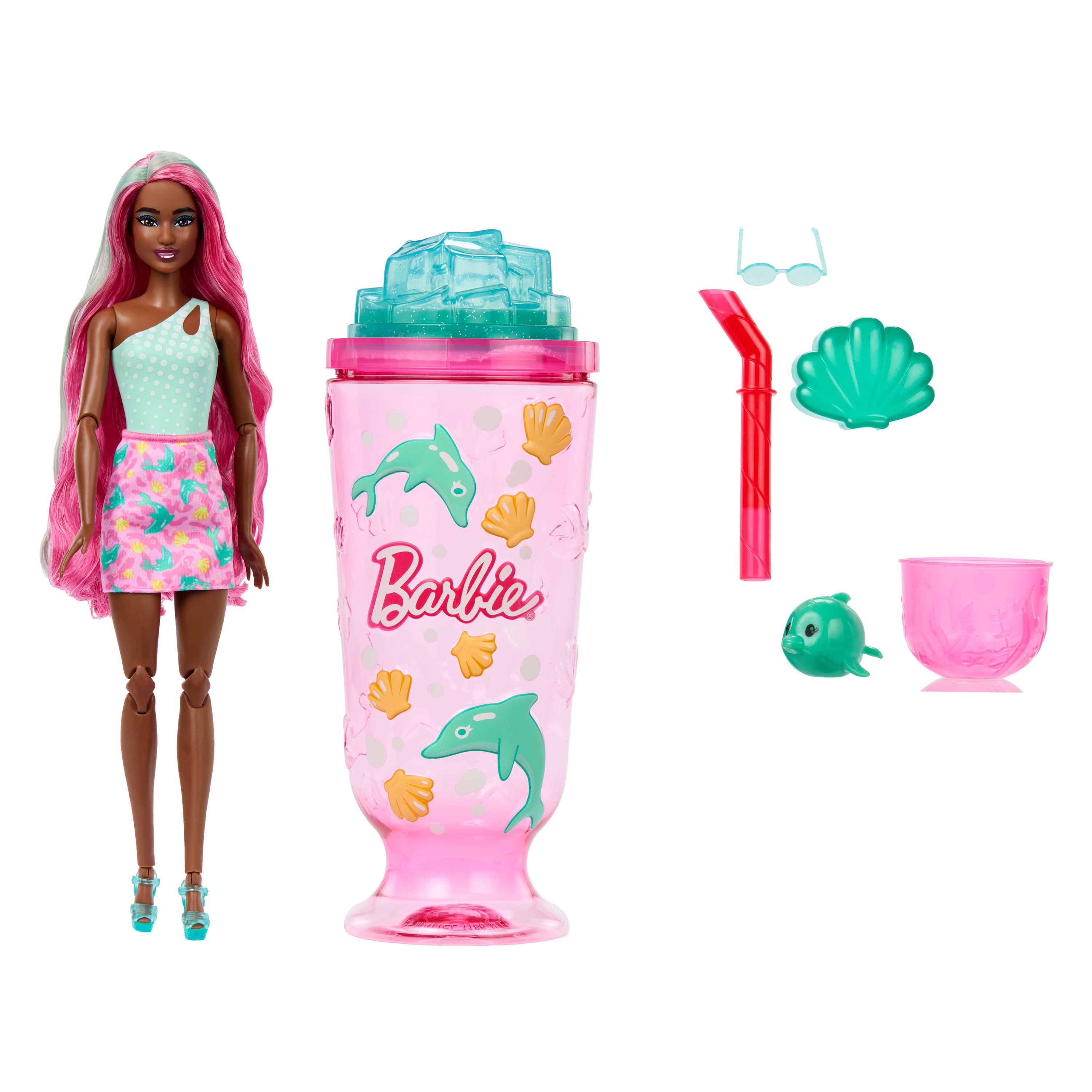 Barbie Pop Reveal Bebek ve Aksesuarlar, Deniz Esintili İçecek Serisi bebek, evcil hayvan, slime ve renk değişimi