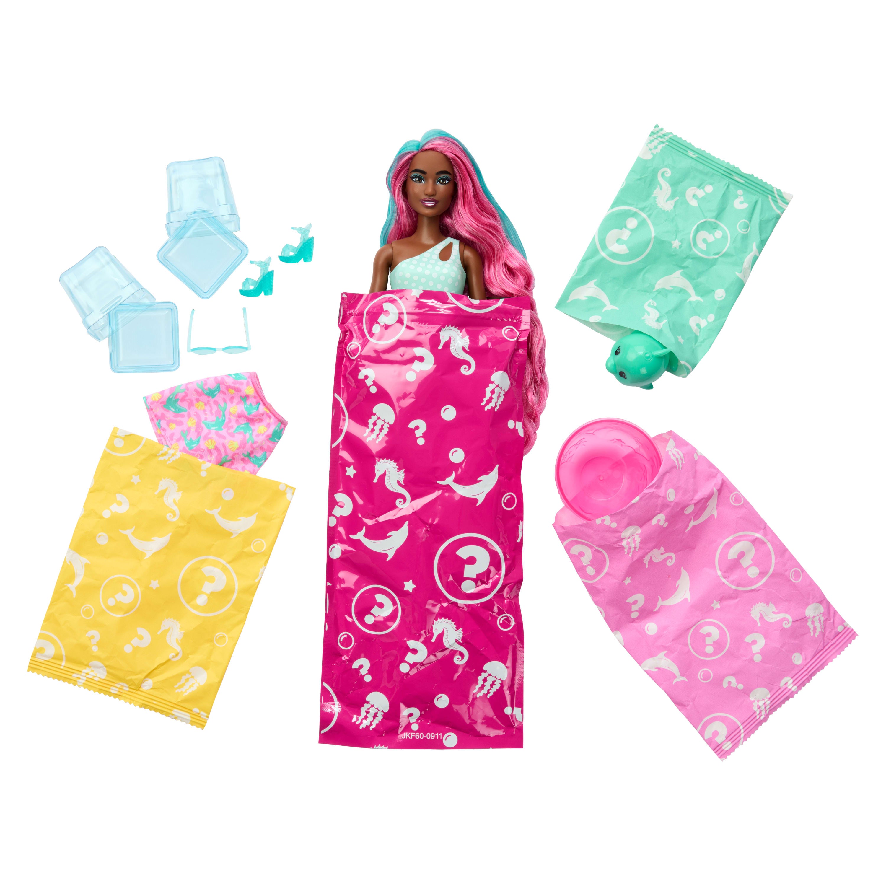 Barbie Pop Reveal Bebek ve Aksesuarlar, Deniz Esintili İçecek Serisi bebek, evcil hayvan, slime ve renk değişimi