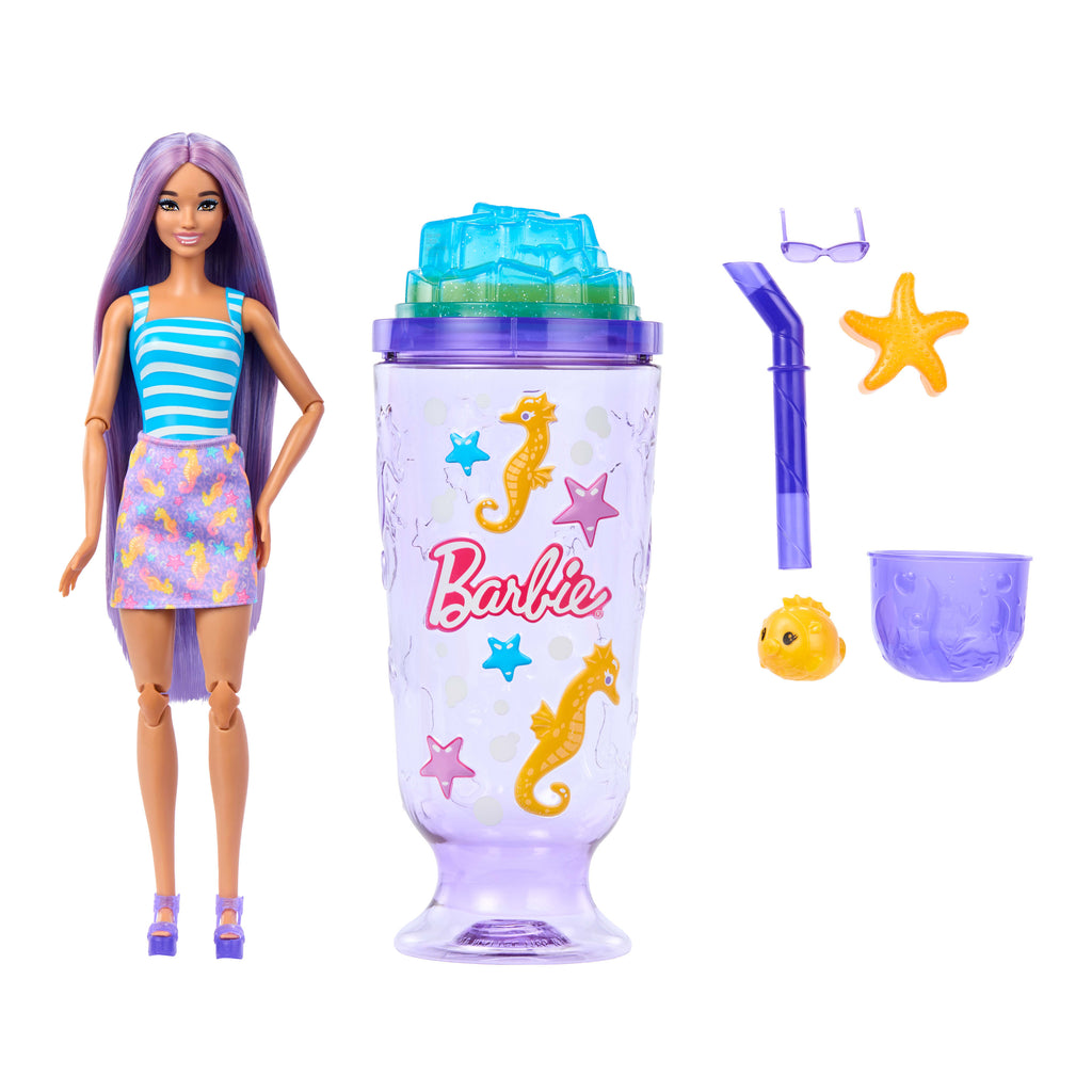 Barbie Pop Reveal Bebek ve Aksesuarlar, Deniz Esintili İçecek Serisi bebek, evcil hayvan, slime ve renk değişimi