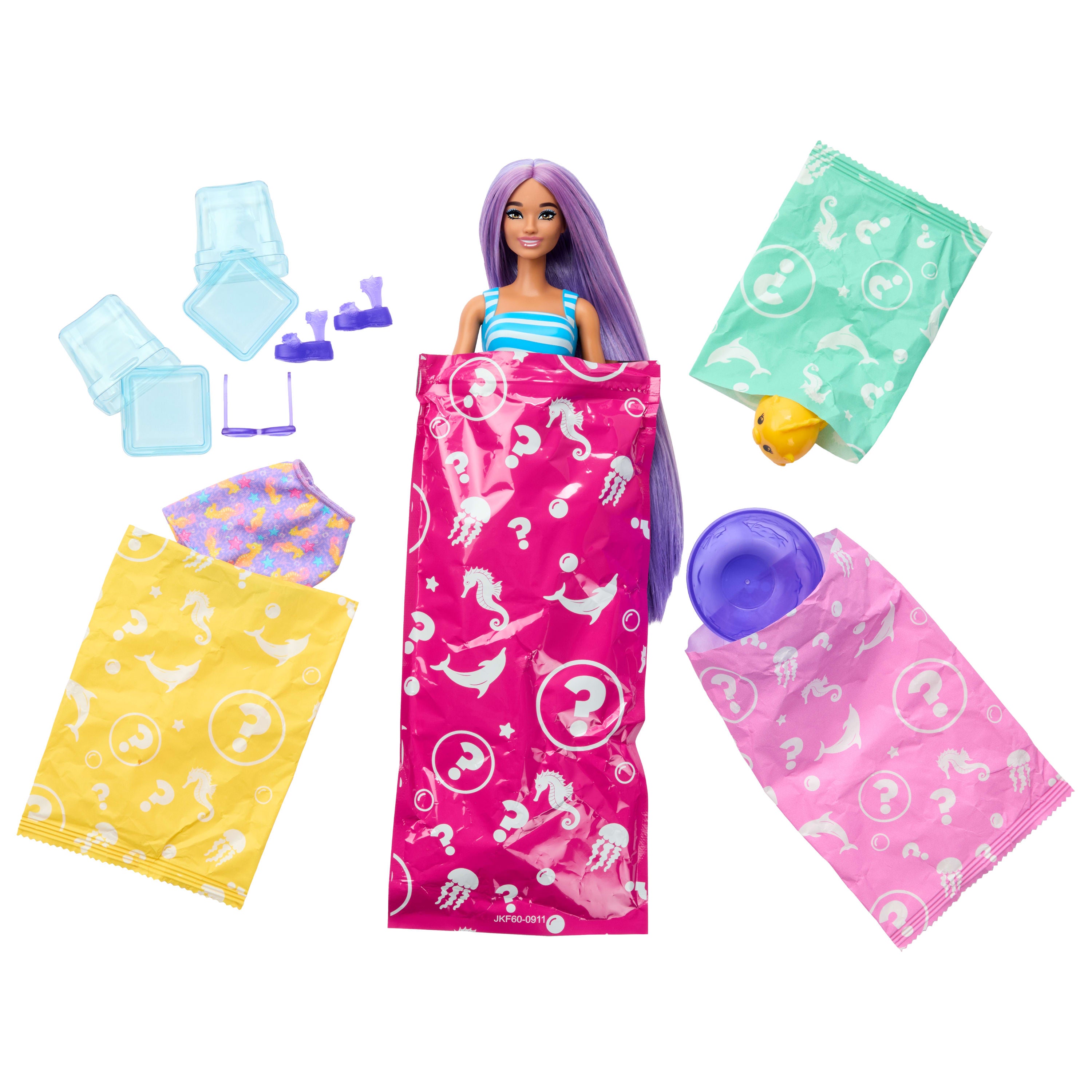 Barbie Pop Reveal Bebek ve Aksesuarlar, Deniz Esintili İçecek Serisi bebek, evcil hayvan, slime ve renk değişimi