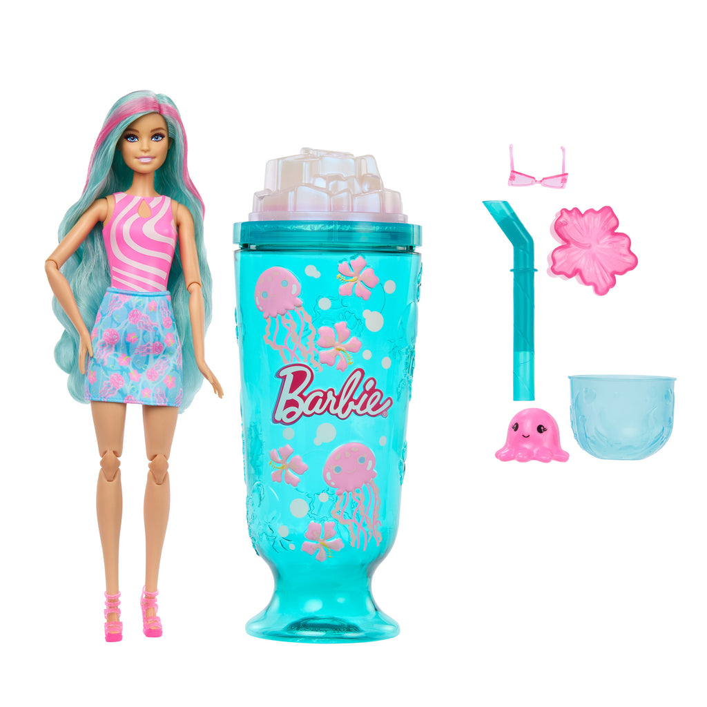 Barbie Pop Reveal Bebek ve Aksesuarlar, Deniz Esintili İçecek Serisi bebek, evcil hayvan, slime ve renk değişimi