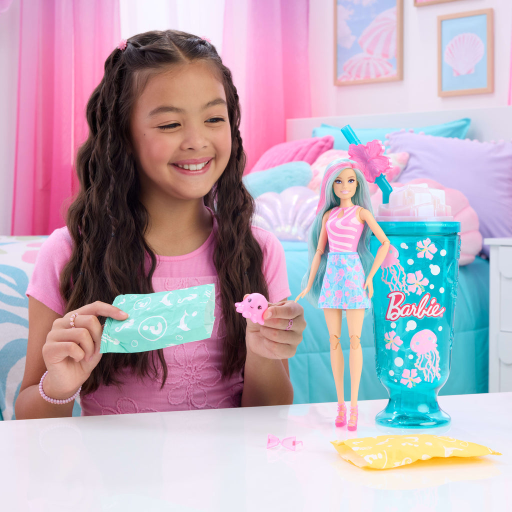 Barbie Pop Reveal Bebek ve Aksesuarlar, Deniz Esintili İçecek Serisi bebek, evcil hayvan, slime ve renk değişimi