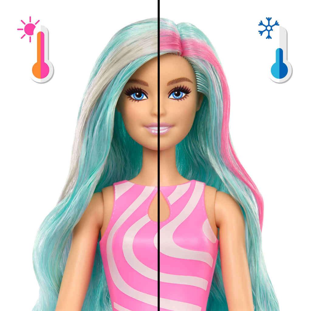 Barbie Pop Reveal Bebek ve Aksesuarlar, Deniz Esintili İçecek Serisi bebek, evcil hayvan, slime ve renk değişimi