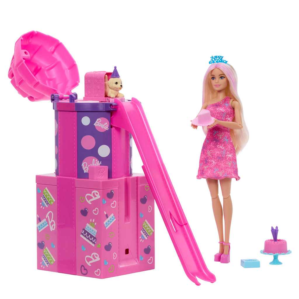 Barbie Rise &amp; Surprise Minik Dostumun Doğum Günü serisi bebek ve aksesuarlar, kaydırak ve sürprizler (Stiller çeşitlilik gösterebilir)