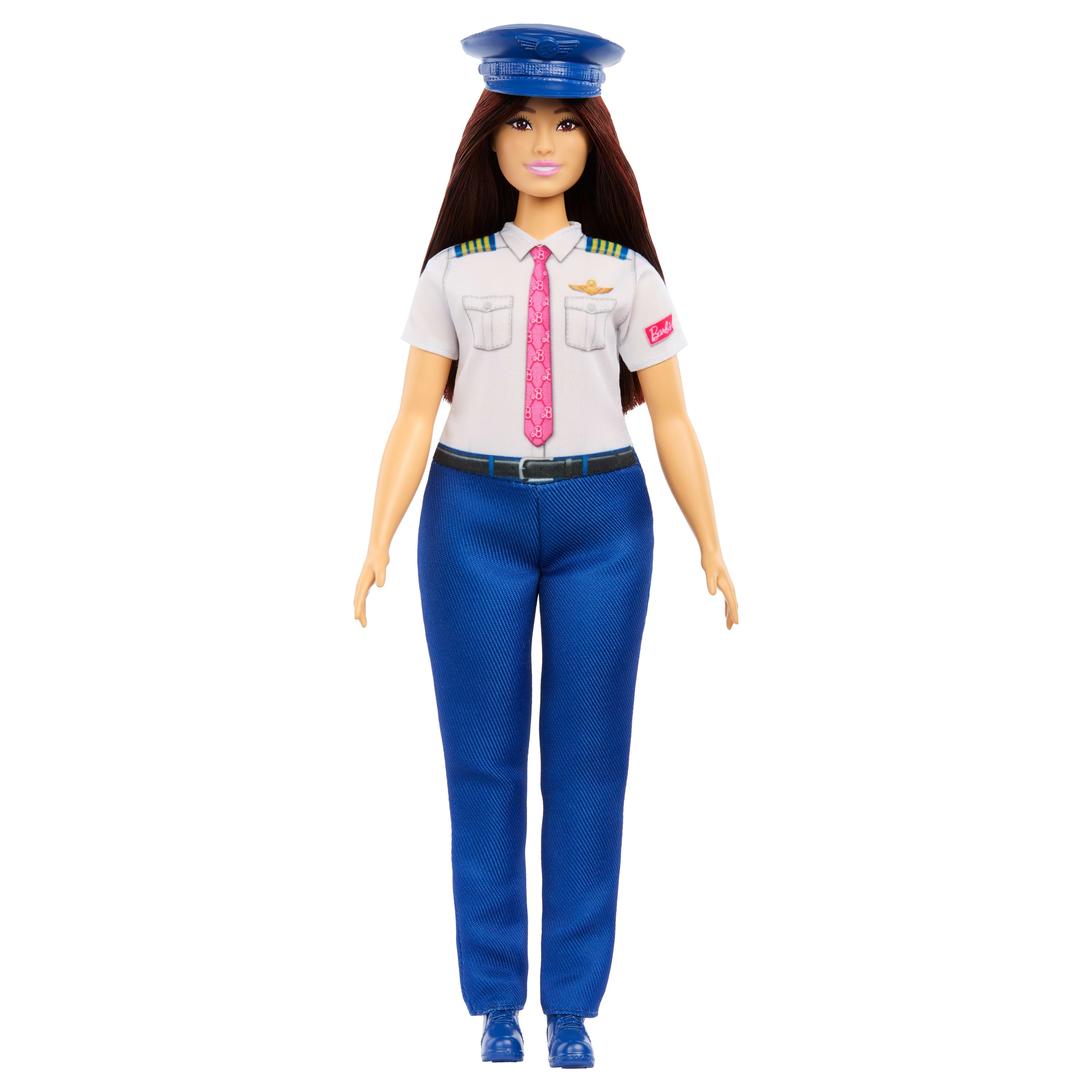 Çıkarılabilir üniforma ve ayakkabı giyen ve şapka takan Barbie Kariyer Bebekleri pilot bebek ve aksesuar