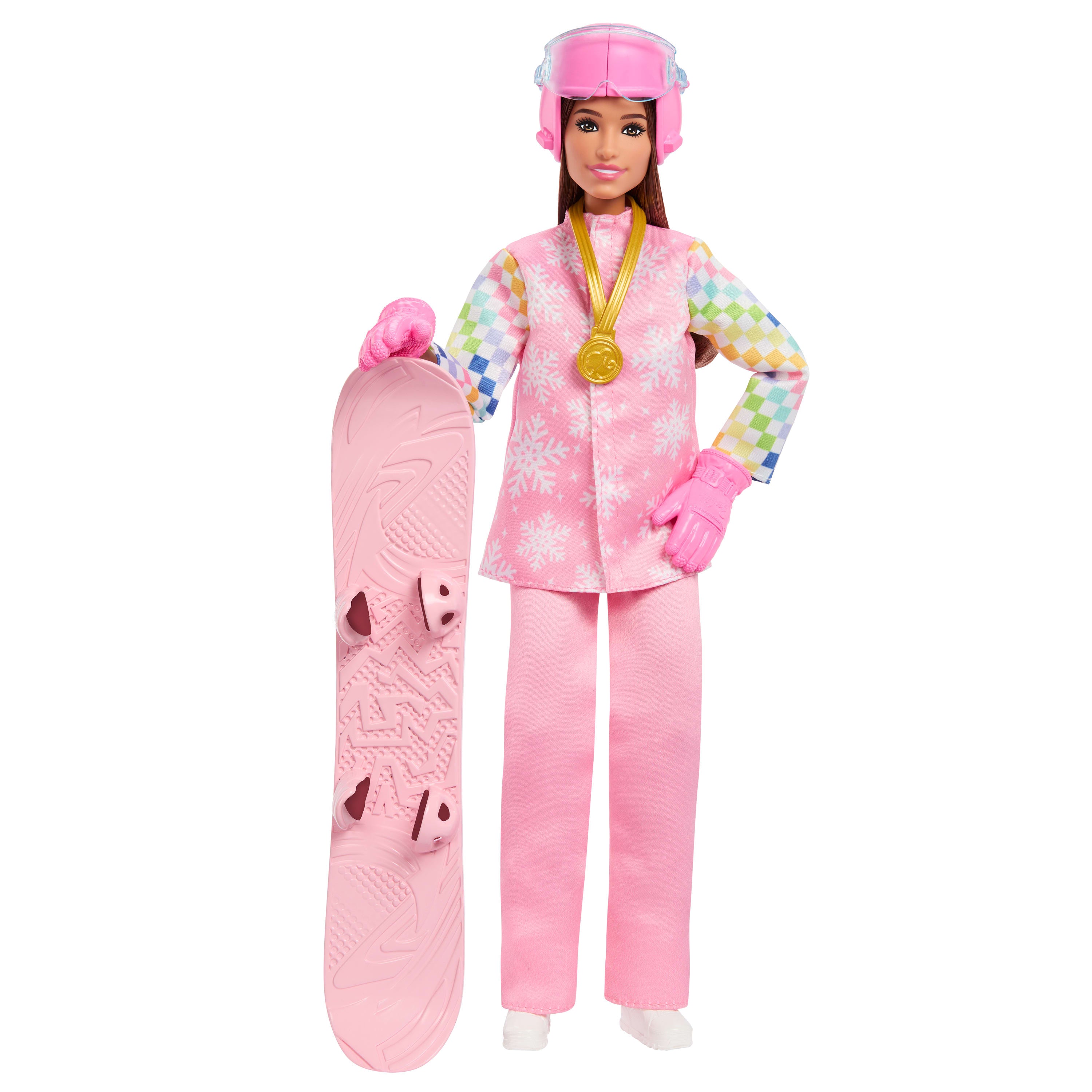 Pembe montu ve renk değiştiren snowboard dahil 10'dan fazla aksesuarıyla Barbie Kariyer Bebekleri snowboard sporcusu bebek