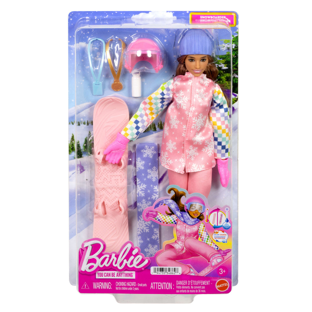 Pembe montu ve renk değiştiren snowboard dahil 10'dan fazla aksesuarıyla Barbie Kariyer Bebekleri snowboard sporcusu bebek