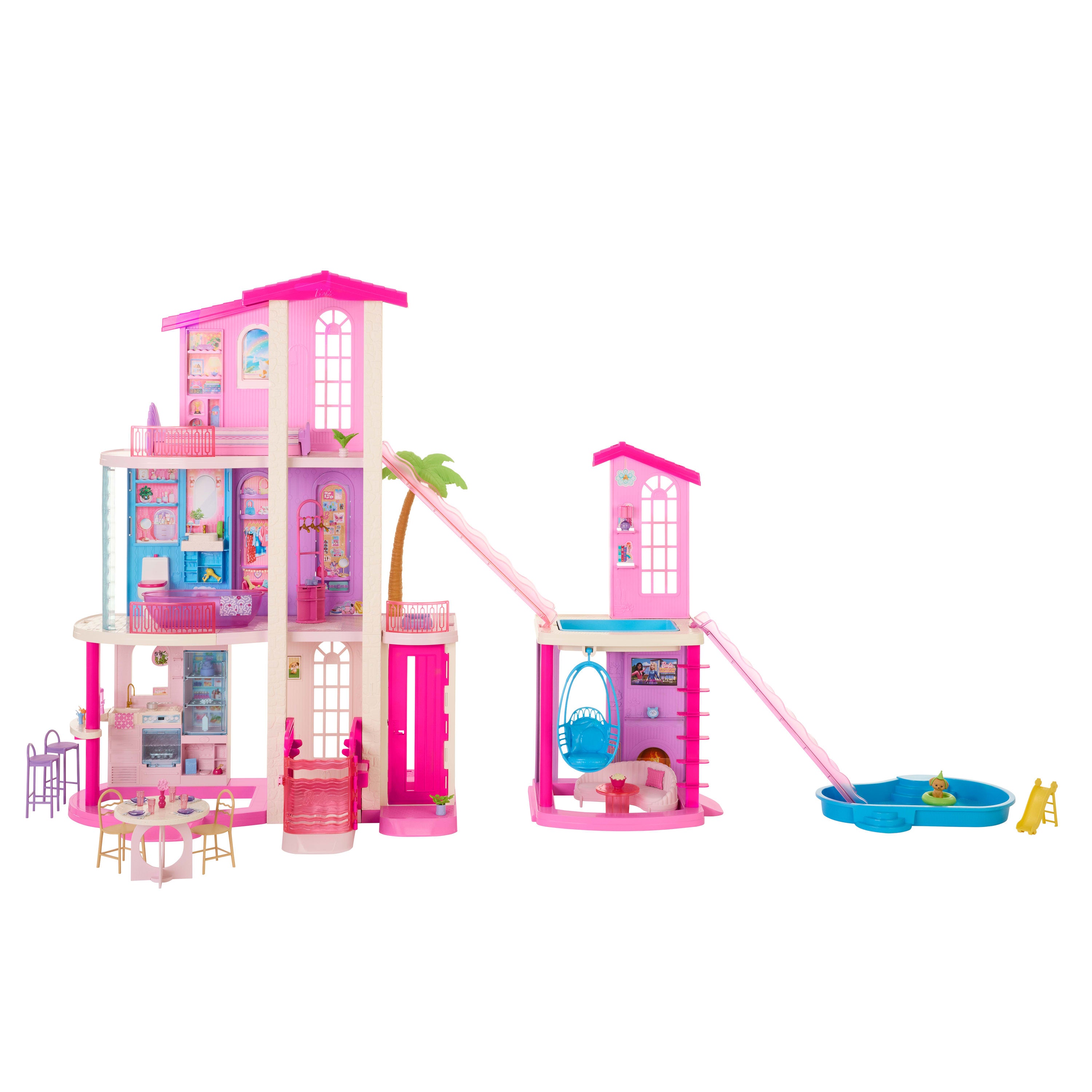 Barbie Rüya Evi oyun seti, 2 havuz, 2 kaydırak, 2 ev, 3 katta çalışan asansör, 65'ten fazla mobilya ve aksesuar